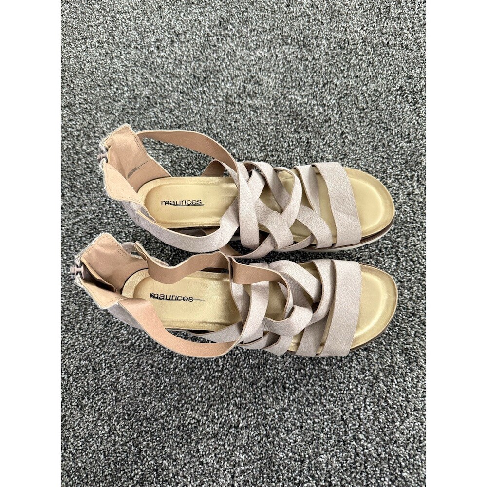 Maurices Womens Gladiator Sandals Beige Strappy Back Zip Comfort Wedge - Picture 4 of 7